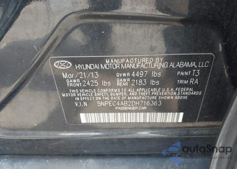 2013 Hyundai Sonata Limited 2.0T z USA, uszkodzony, nr VIN 5NPEC4AB2DH716363